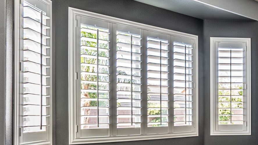 Plantation shutters on bow windows